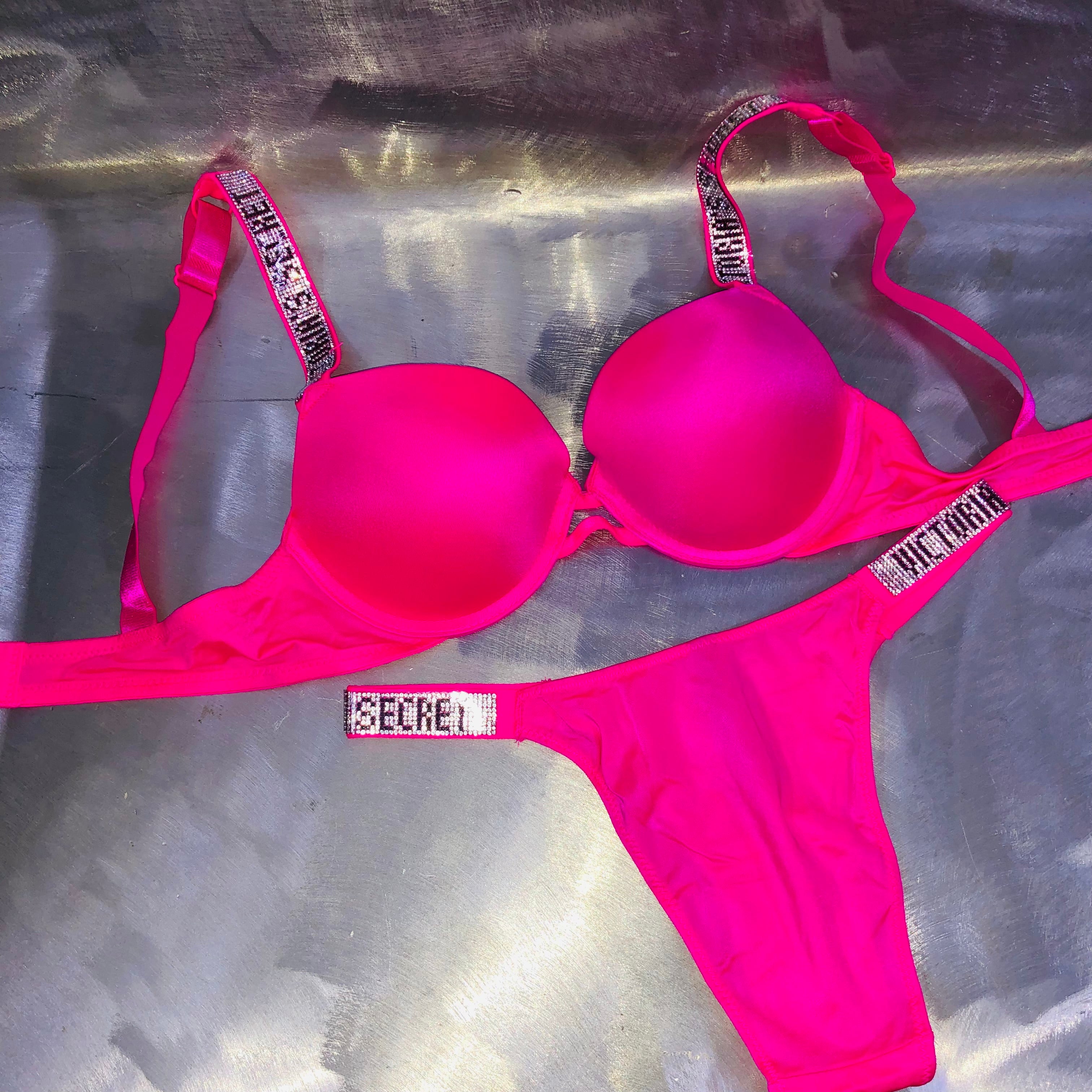 Victorias Secret Rhinestone Push-Up Bra Set (Shocking-Pink🎀)