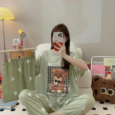 Milky Soft Silk Animated 3DTeady-Bear Three Piece Night Wear Trouser, Shirt and Short V3
