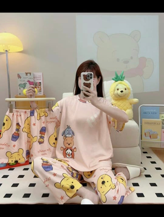 Milky Soft Silk Animated- Winnie-the-Pooh Three Piece Night Wear Trouser, Shirt and Short V1