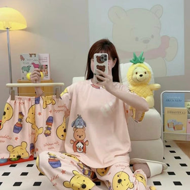 Milky Soft Silk Animated- Winnie-the-Pooh Three Piece Night Wear Trouser, Shirt and Short V1