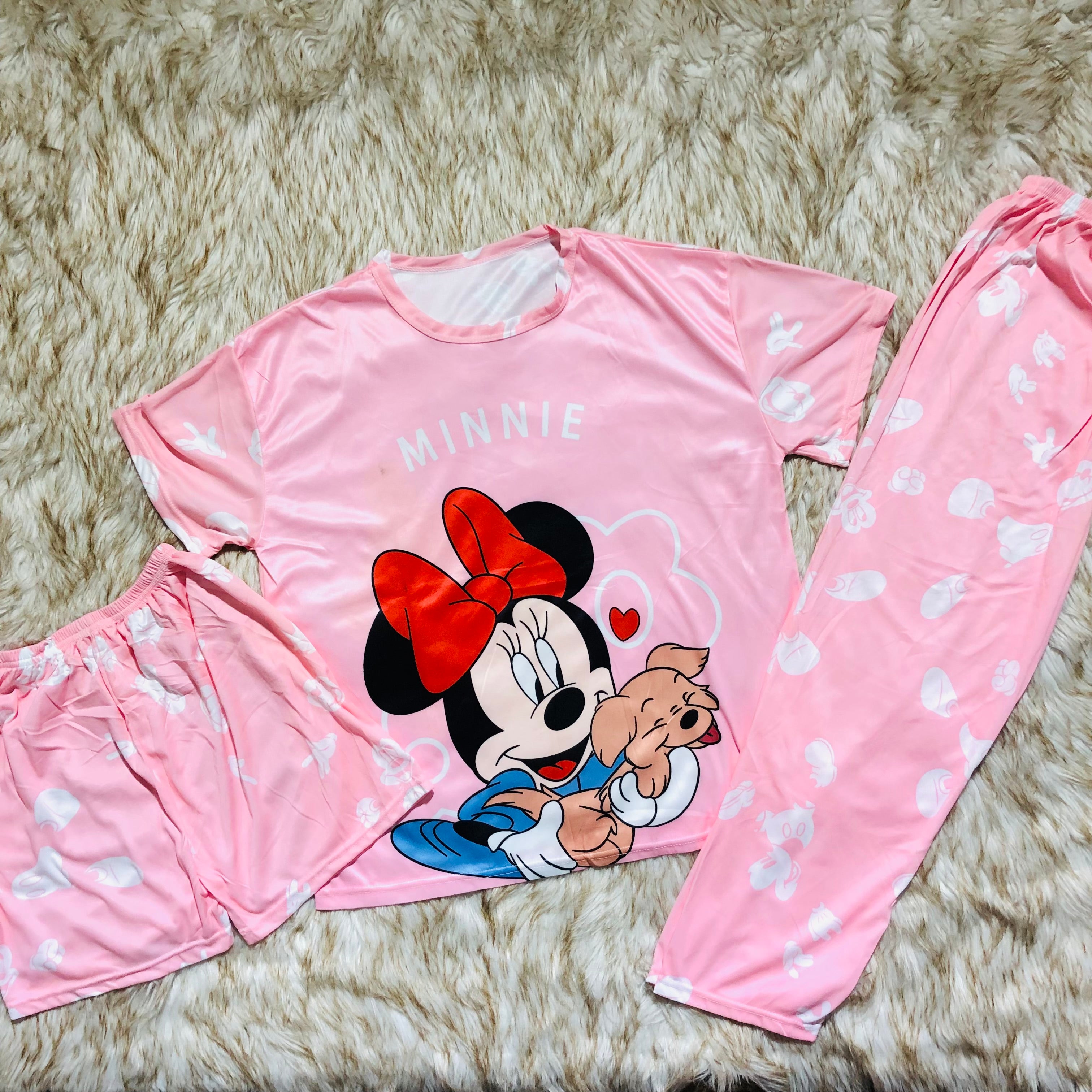 Milky Soft Silk Animated Minnie-MouseThree Piece Night-Wear (Trouser, Shirt and Short)V2