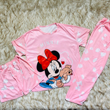 Milky Soft Silk Animated Minnie-MouseThree Piece Night-Wear (Trouser, Shirt and Short)V2