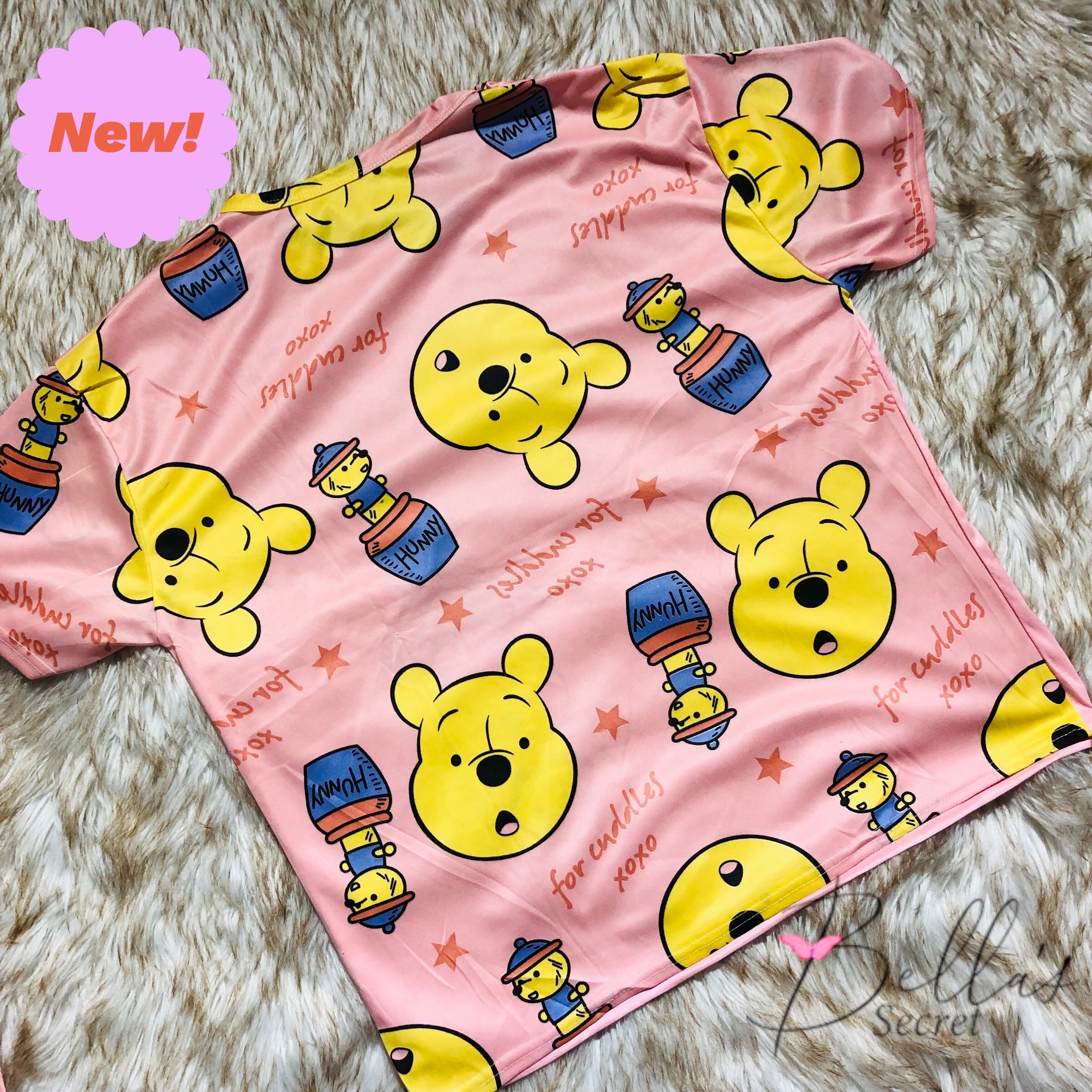 Milky Soft Silk Animated- Winnie-the-Pooh Three Piece Night Wear Trouser, Shirt and Short V1