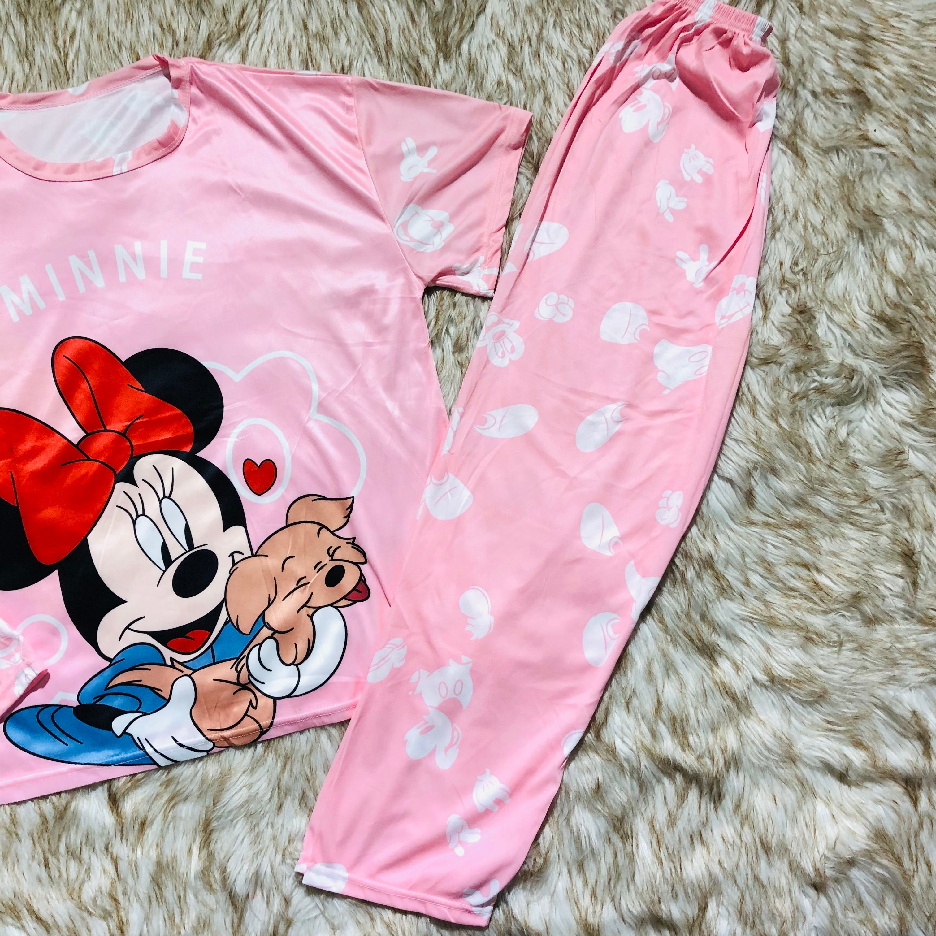 Milky Soft Silk Animated Minnie-MouseThree Piece Night-Wear (Trouser, Shirt and Short)V2