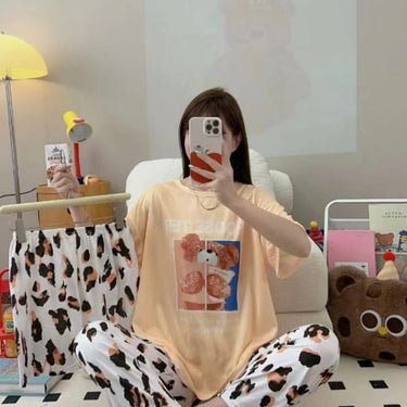 Milky Soft Silk Animated Brown Bear Three Piece Night Wear Trouser, Shirt and Short V4