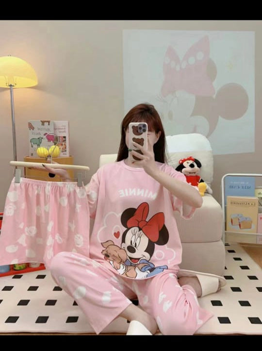 Milky Soft Silk Animated Minnie-MouseThree Piece Night-Wear (Trouser, Shirt and Short)V2
