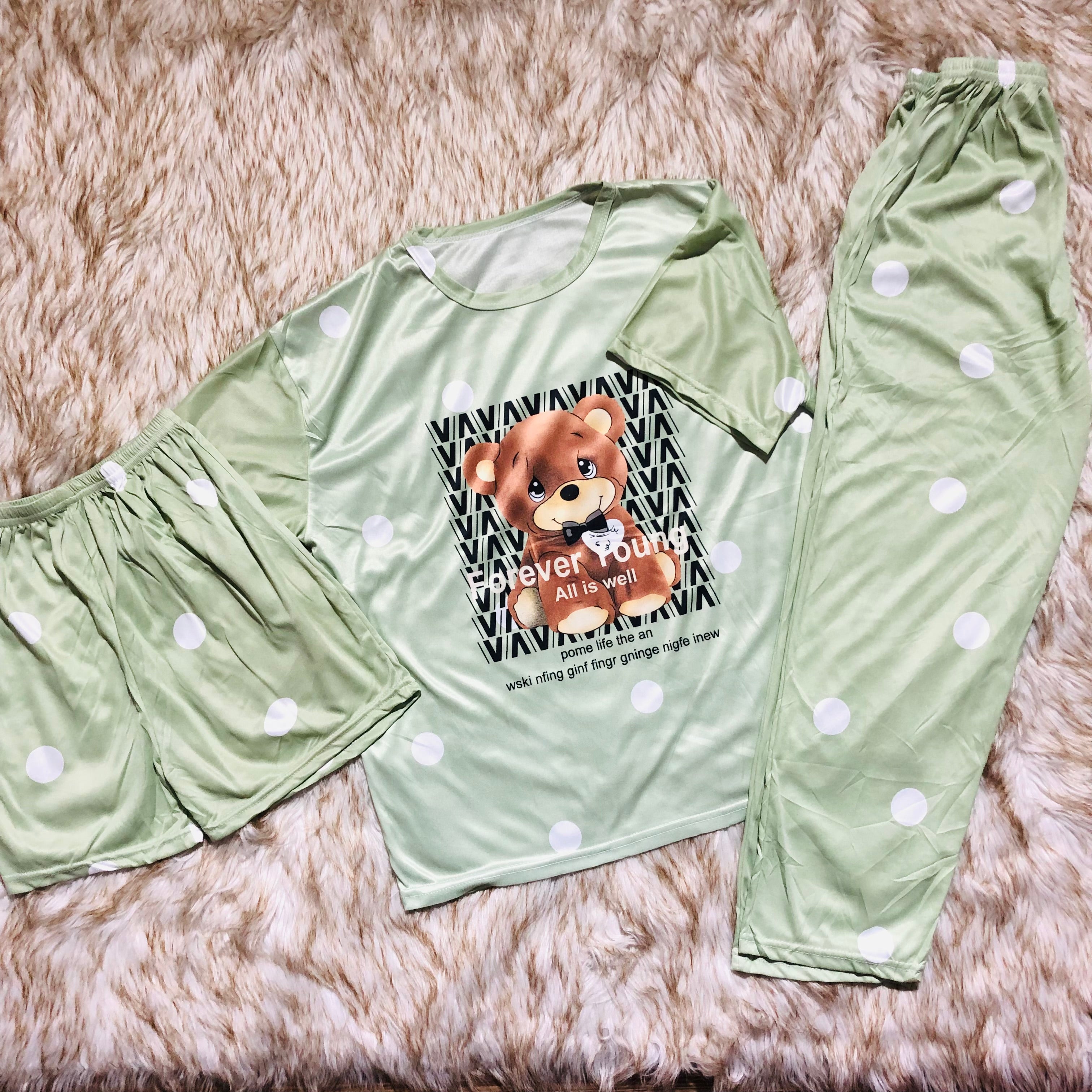 Milky Soft Silk Animated 3DTeady-Bear Three Piece Night Wear Trouser, Shirt and Short V3