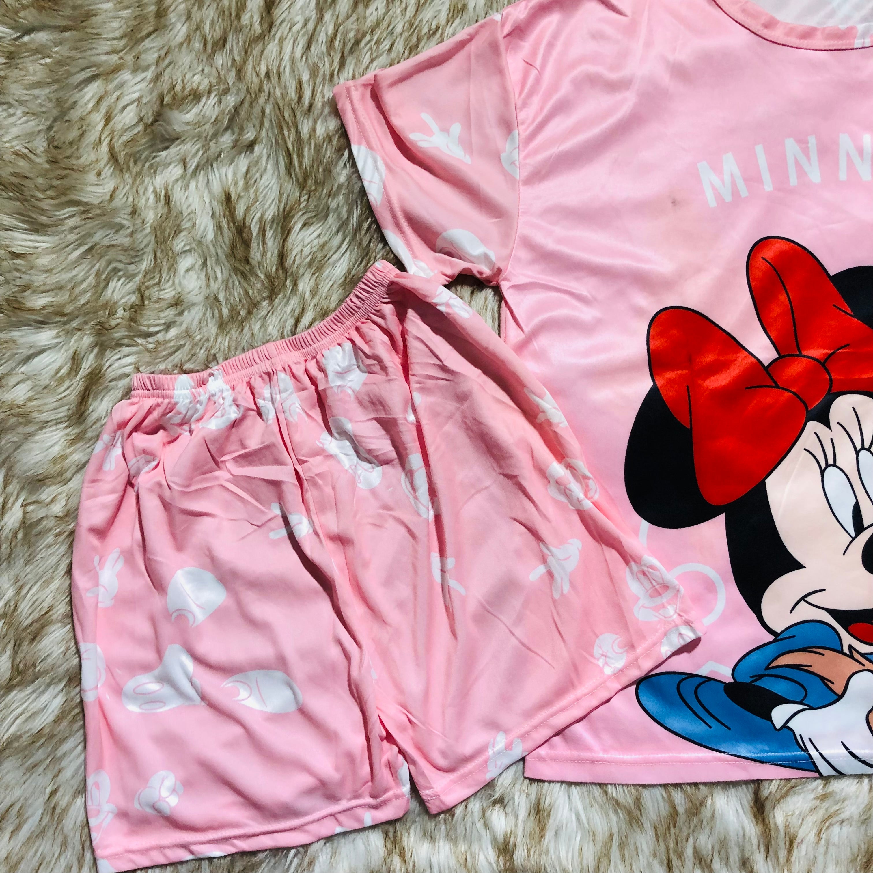 Milky Soft Silk Animated Minnie-MouseThree Piece Night-Wear (Trouser, Shirt and Short)V2