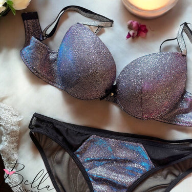 Moonlight Glitter shine Sexy Cross-fit Straps Bra With See Through Underwear Set