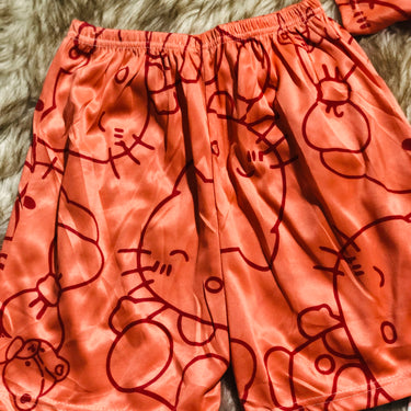 Milky Soft Silk Animated 3D Kitty Three Piece Night Wear Trouser, Shirt and Short V5