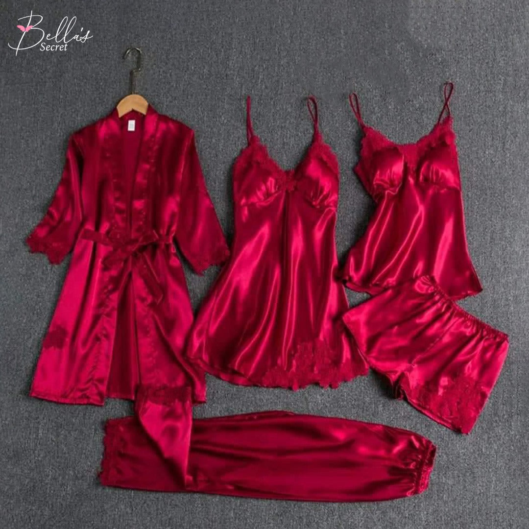 Women'S Silk Satin Pajamas Nightdress 5 Pieces Floral Lace Cami Top and short Babydoll Sleepwear Set Lingerie Pajama Set With Kimono Cardigan Robe