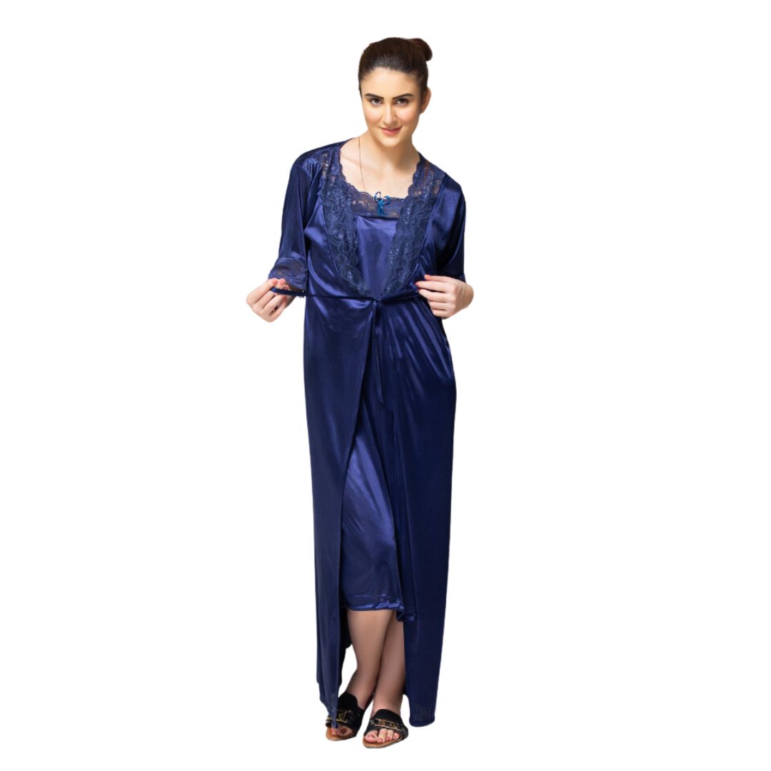 2 Pieces Bridal Silk Nightwear Long Inner With Cardigan Robe